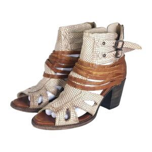FREEBIRD BY STEVEN Women's Nest US8 Brown Leather Snakeskin Zip Strappy Sandals
